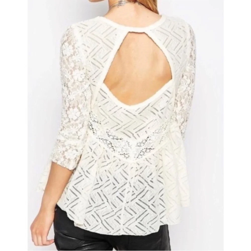 Free People White Lace Gracie Floral Peplum Ivory Boho Keyhole Cutout Back